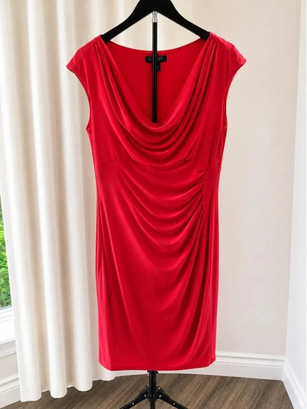 Lauren Ralph Lauren Red Jersey Knit Cowl Neck Ruched Sheath Dress Size 12